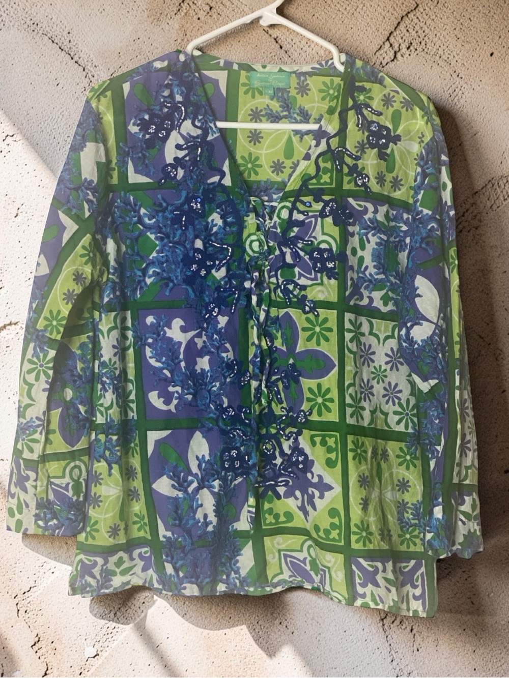 Antica Sartoria Floral  Beaded V-Neck Tunic in Green and Blue
S/M 100% Cotton